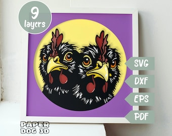 Zwarte kippen SVG gelaagde SVG voor karton 3D schaduwdoos, meerlaagse papercut sjabloon, boerderij Cricut, silhouet, boerderij muur kunst decor
