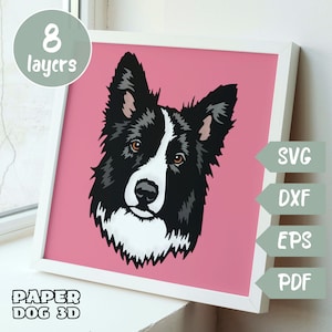 ボーダーコリー 3D レイヤー SVG、Cricut 用 3D 犬シャドウ ボックス ファイル、ペーパー アート、犬カット ファイル、ダウンロード ベクトル、シルエット、カードストック ペット メモリアル