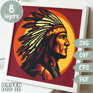 May include: A layered papercraft design of a Native American man wearing a headdress with feathers. The design is in shades of red, yellow, and brown. The image includes the text "SVG, DXF, EPS, PDF".