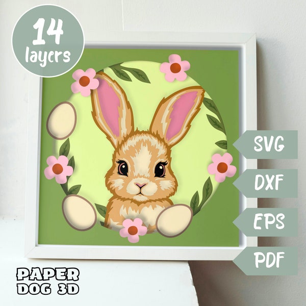 Plantilla SVG de caja de sombra de conejito de Pascua, SVG 3D en capas para cartulina, Papercut multicapa, Cricut, silueta dxf, arte de papel de Pascua DIY, PDF