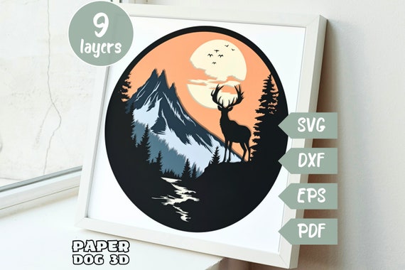 Deer in the mountains Shadow Box Template, 3D Layered SVG For Cardstock, Multilayer, Cricut, silhouette dxf, Animals Paper Cut Light Box