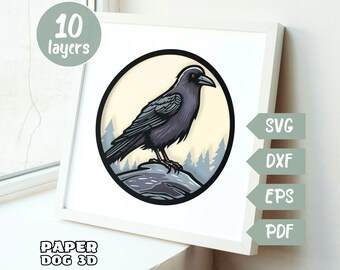 Raven 3D Layered SVG For Cardstock, Multilayer Papercut, Gothic Raven Shadow Box Template, Cricut, silhouette dxf, cut file, wall art diy