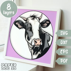 Retrato de vaca en 3D en capas SVG para cartulina, caja de sombras, plantilla de corte de papel multicapa, granja Cricut, silueta, arte de pared de toro, decoración de bricolaje