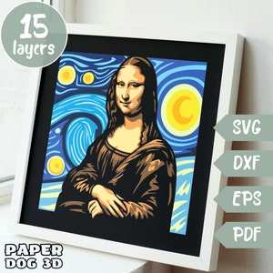 Mona Lisa Starry Night 3D Layered SVG para cartolina, corte de papel multicamadas, modelo de caixa de sombra, Cricut, silhueta, arquivo de corte, arte de parede faça você mesmo