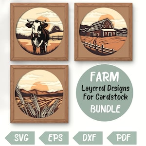 Paquete de granja en 3D con capas SVG para cartulina, papel recortado multicapa de granero, plantilla de caja de sombras, vaca Cricut, silueta, PDF, arte de pared de rancho de bricolaje