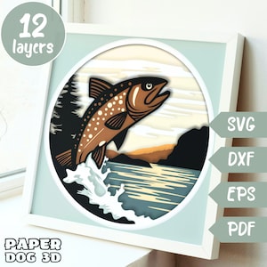 Fishing 3D Layered SVG For Cardstock, Multilayer Papercut, Shadow Box Template, Cricut, silhouette dxf, salmon cut file, pdf, wall art diy