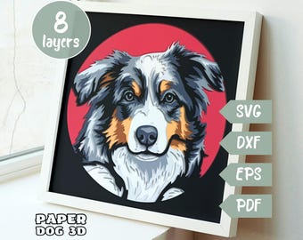 Caja de sombras de pastor australiano, SVG 3D en capas para cartulina, plantilla de corte de papel de pastor multicapa, Cricut, archivo de corte de perro, monumento conmemorativo para mascotas