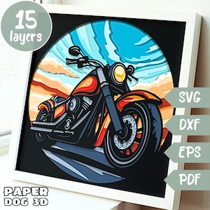 Modèle de boîte d'ombre de moto, SVG en couches 3D pour papier cartonné, multicouche, moto Cricut, silhouette dxf, boîte à lumière moto papier découpé