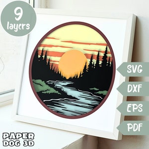 River Landscape Shadow Box Template 3D Layered SVG For Cardstock, Multilayer Papercut, Cricut, silhouette dxf, nature cut file, diy Cabin