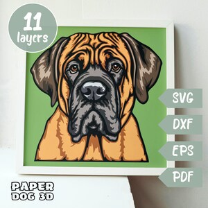May include: A digital illustration of a brown and black English Mastiff dog with a green background. The image is labeled "11 layers" and "Paper Dog 3D".