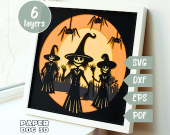 Witch Halloween Shadow Box Template, 3D Layered SVG file For Cardstock, Graveyard light box, Multilayer Papercut, Cricut svg, diy cabin