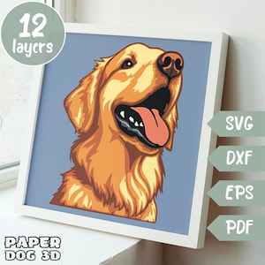 Golden Retriever 3D gelaagde SVG voor karton, meerlaagse papercut, Shadow Box-bestanden voor Cricut, silhouet dxf, hond gesneden bestand, huisdier gedenkteken