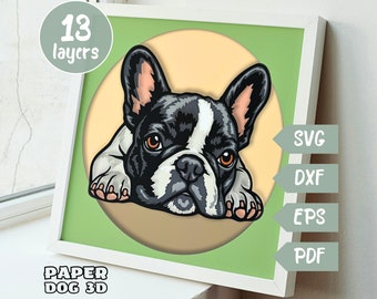 May include: A 13-layer papercraft model of a French Bulldog, with black and white fur, looking at the viewer. The model is in a white frame with a green mat and a yellow circle behind the dog. The text "PAPER DOG 3D" is at the bottom of the frame. The text "SVG, DXF, EPS, PDF" is on the right side of the frame.