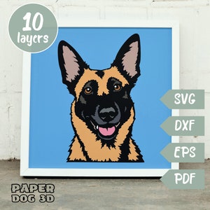 Pastor belga malinois SVG 3D en capas para cartulina, corte de papel multicapa, archivo Shadow Box para Cricut Silhouette dxf, archivo de corte de perro, monumento conmemorativo para mascotas