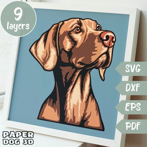 Perro Vizsla SVG 3D en capas para cartulina, corte de papel multicapa, archivo Shadow Box para Cricut Silhouette dxf, archivo de corte de cara de perro, monumento conmemorativo para mascotas