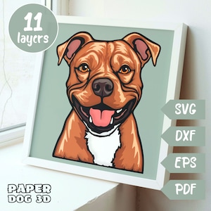Staffordshire Bull Terrier SVG en 3D en capas para cartulina, corte de papel multicapa, archivos Shadow Box para Cricut, silueta dxf, monumento para mascotas