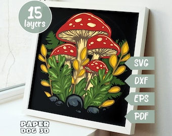 Mushroom Shadow Box Template 3D Layered SVG For Cardstock, Forest Multilayer Papercut, Cricut, silhouette dxf, nature cut file diy Cabin