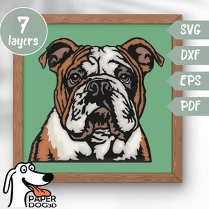 Bulldogge SVG 3D Layered Für Cardstock, Multilayer Papierschnitt, Schattenbox-Dateien für Cricut, Silhouette Dxf, Hund geschnitten Datei, Pdf, Haustier-Denkmal