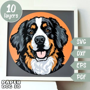 Berner Sennenhund SVG für Karton, Multilayer-Papierschnitt, Schattenbox-Dateien Cricut, Silhouette Dxf, Hund Cut-Datei, Haustier-Denkmal