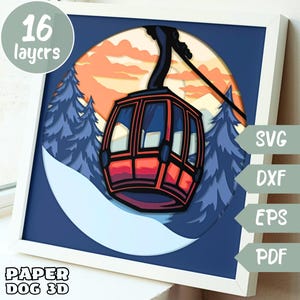Peut inclure: Un téléphérique rouge avec une scène de montagne bleue et blanche en arrière-plan. Le téléphérique est suspendu à un câble et monte une montagne. La scène est un design de papiercraft avec 16 couches.