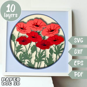 Modèle de boîte d'ombre de pavot fleur 3D SVG en couches pour papier cartonné, papercut multicouche, Cricut, silhouette dxf, fichier de coupe motif, pdf, cadeau bricolage