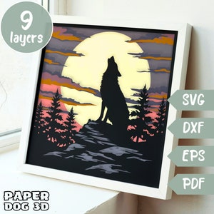 Lupo 3D SVG a strati per cartoncino, carta tagliata multistrato, modello di scatola delle ombre del lupo, Cricut, silhouette dxf, file di taglio della luna, pdf, arte murale fai da te