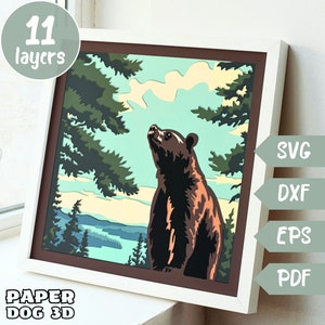 Modelo de caixa de sombra de cena de urso, SVG em camadas 3D para cartolina, corte de papel multicamadas, cricut, silhueta dxf, arquivo de corte de urso, pdf, arte de parede diy