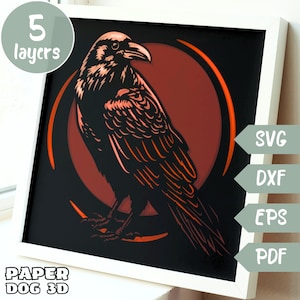 Raven Shadow Box 3D Layered SVG för kartong, pappersklipp, fågel flerlagersmall, Cricut, silhuett dxf, Raven fågel klippfil, väggkonst diy