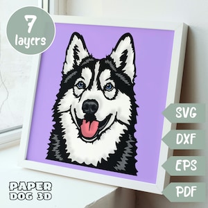 Cachorro Husky SVG 3D em camadas para cartolina, corte de papel multicamadas, arquivos de caixa de sombra Husky para Cricut, silhueta dxf, arquivo de corte de cachorro, memorial de animal de estimação