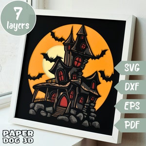 May include: A 7-layer papercraft model of a spooky haunted house with a full moon and bats. The house is black with red and orange accents. The moon is orange and the bats are black. The model is in a white frame with the text "PAPER DOG 3D" below the image. The text "SVG, DXF, EPS, PDF" is on the right side of the frame.