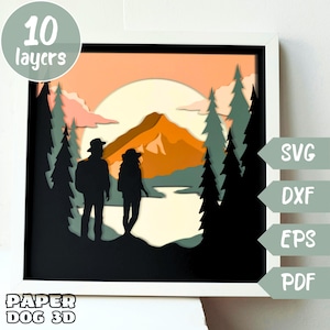 Wandern paar Berge Schatten Box Vorlage, 3D Layered SVG für Cardstock, Multilayer, Cricut, Silhouette Dxf, Adventure Paper Cut Light Box