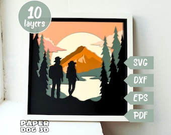 Hiking couple mountains Shadow Box Template, 3D Layered SVG For Cardstock, Multilayer, Cricut, silhouette dxf, Adventure Paper Cut Light Box