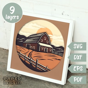 Celeiro 3D Layered SVG para cartolina, paisagem de fazenda multicamadas Papercut, modelo de caixa de sombra, Cricut, silhueta, pdf, arte de parede de rancho faça você mesmo