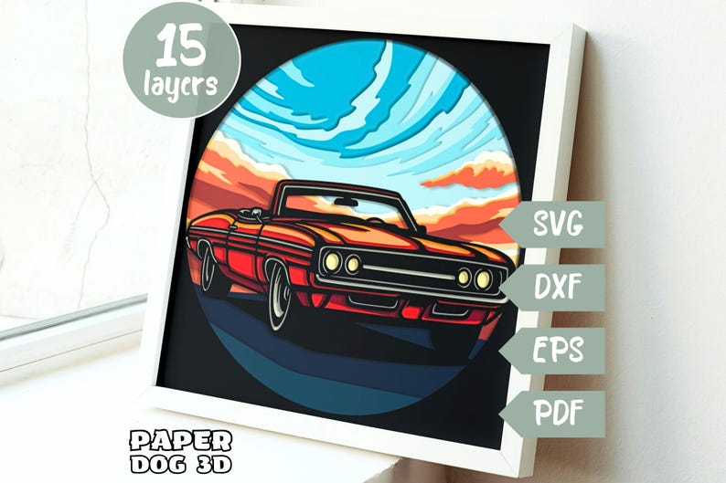 Puede incluir: Un coche rojo convertible con interior negro, conduciendo por una carretera con un cielo azul y nubes. El coche es un modelo de papelcraft con 15 capas. La imagen incluye el texto "PAPER DOG 3D", "SVG", "DXF", "EPS", y "PDF".