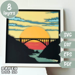 Brücke Szene Schatten Box Vorlage 3D Geschichtet SVG für Karton, Multilayer Papierschnitt, Cricut, Silhouette dxf, kalifornische Landschaft, diy Cabin