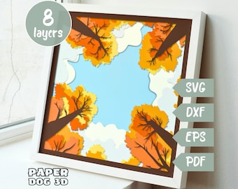 Autumn scene Shadow Box Template, 3D Layered SVG For Cardstock, Multilayer Papercut, Cricut, silhouette dxf, tree cut file, Fall wall art