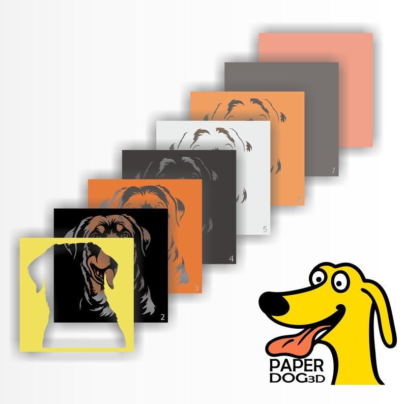Puede incluir: Un conjunto de siete plantillas de papel superpuestas que presentan una silueta en blanco y negro de la cabeza de un perro. Las plantillas son de varios colores, incluidos amarillo, naranja, gris y blanco. Las plantillas est&aacute;n numeradas del 1 al 7. La imagen tambi&eacute;n incluye un perro de dibujos animados amarillo con el texto "PAPER DOG3D".