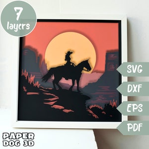 Cowgirl 3D SVG en couches pour papier cartonné, Western Shadow Box, modèle Papercut multicouche, Arizona Cricut, silhouette, art mural bricolage, laser