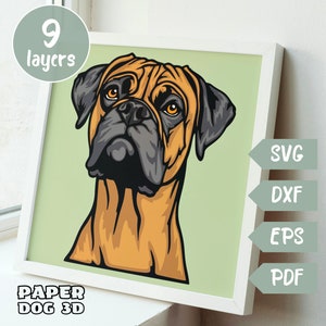 Chien boxer 3D SVG en couches pour papier cartonné, papier découpé multicouche, fichiers Shadow Box pour Cricut, silhouette dxf, fichier de coupe chien, mémorial pour animaux de compagnie
