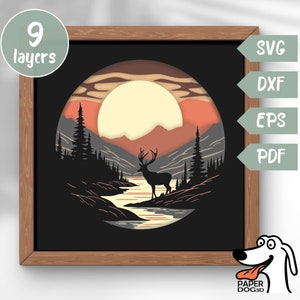 Berge 3D Layered SVG für Karton, Multilayer Papercut, Schatten Box Vorlage, Cricut, Reh, Rehe, Reh, pdf, Wand Kunst DIY