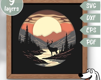 Montañas 3D SVG en capas para cartulina, corte de papel multicapa, plantilla de caja de sombra, Cricut, silueta dxf, archivo de corte de ciervo, PDF, arte de pared DIY