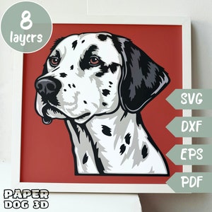 May include: A digital illustration of a Dalmatian dog's head with black spots on a red background. The image is labeled "Paper Dog 3D" and "8 layers".