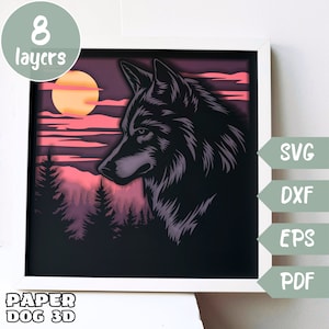 Wolf 3D Warstwowy SVG Do Kartonów, Wielowarstwowy Papier Wycinany, Szablon Pudełka Cienia Niedźwiedzia, Cricut, sylwetka dxf, Plik Wycinany Wilk, PDF, Sztuka Ścienna DIY