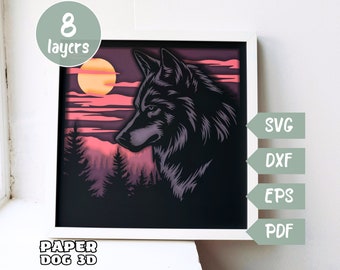 May include: A black wolf silhouette with a pink and purple sunset background. The wolf is looking to the left. The image is in a white frame with the text "PAPER DOG 3D" at the bottom and "8 layers" in the top left corner. The image is for a papercraft project.