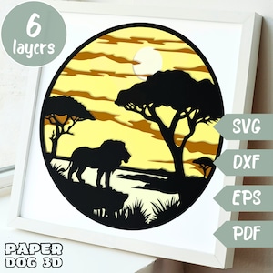 Modèle de boîte d'ombre de lion, 3D SVG en couches pour papier cartonné, Lion multicouche, Cricut, silhouette dxf, boîte à lumière découpée en papier animaux de safari d'Afrique