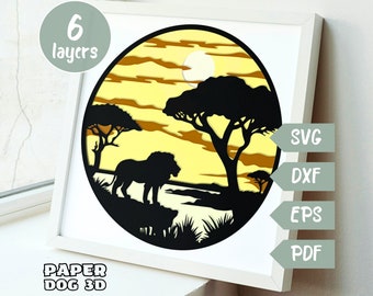 Lion Shadow Box Template, 3D Layered SVG For Cardstock, Multilayer Lion, Cricut, silhouette dxf, African Safari Animals Paper Cut Light Box