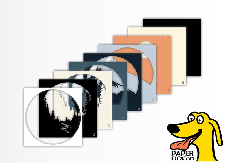 May include: Eight different colour variations of a papercraft design featuring a silhouette of a forest scene with a river and mountains. The design is in a circle shape and is numbered 1 through 8. The design is from Paper Dog 3D.