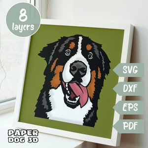Berner Berg 3D Geschichtet SVG für Karton, Multilayer Papierschnitt, Schatten-Box-Dateien für Cricut, Silhouette dxf, Hund geschnitten Datei, Haustier Gedenkstätte