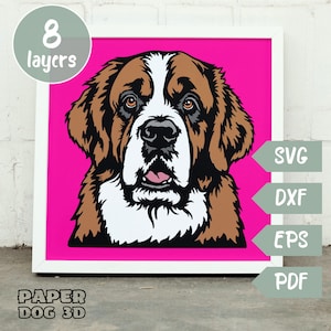 Sankt Bernhard 3D-lagers SVG för kartong, flerlagerspappersklipp, Shadow Box-filer för Cricut, silhuett dxf hundklippfil, husdjursminnesmärke