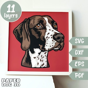 May include: A digital illustration of a brown and white German Shorthaired Pointer dog with brown eyes. The dog is looking to the right. The illustration is on a red background. The text "11 layers" is in a circle above the dog. The text "SVG, DXF, EPS, PDF" is on the right side of the image.